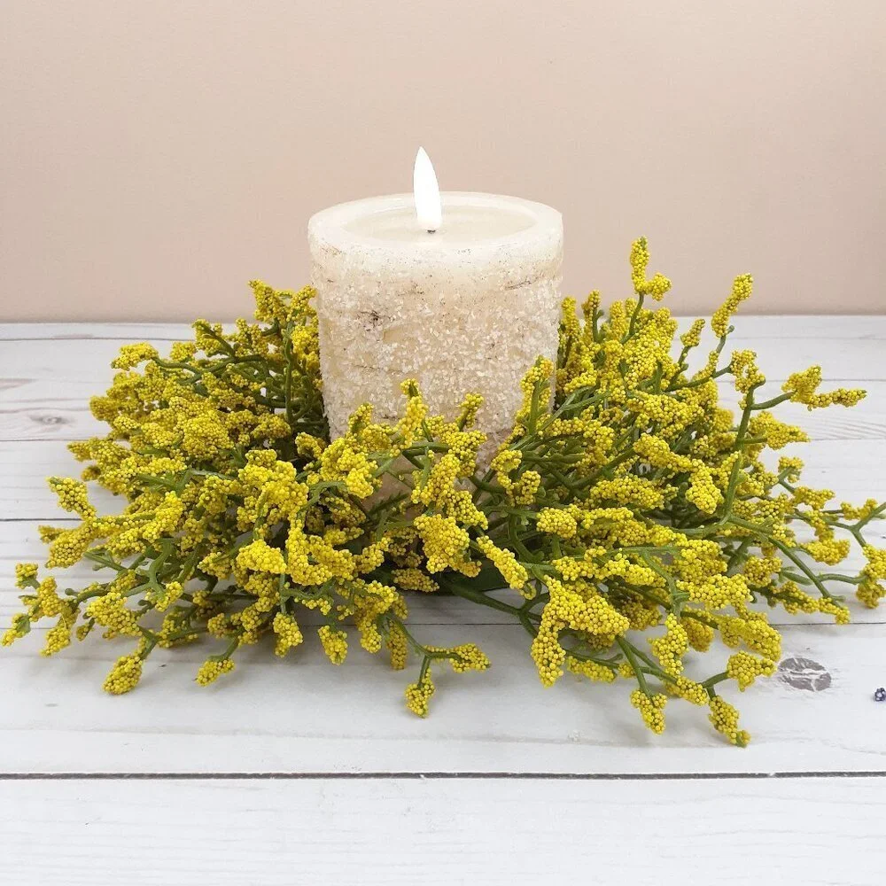 Floral Candle Ring Yellow Array Astilbe Flowers 3 in Inside Ring 10 in Overall